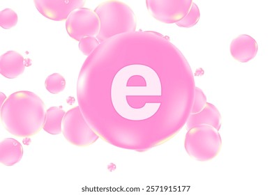 Vitamin E glowing 3D pink molecule element or bubble isolated, transparent background, fluid flowing bubble fizz, beauty supplement, nutrition products banner, presentation, infographic design