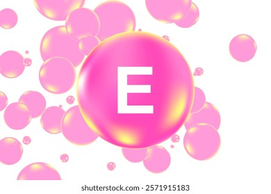 Vitamin E glowing 3D pink molecule element or bubble isolated, transparent background, fluid flowing bubble fizz, beauty supplement, nutrition products banner, presentation, infographic design
