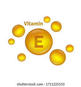 Vitamin E Gold Drop Icon. Vitamin Drop Pill Capsule Health Treatment. Vitamin E Natural Essence For Skin. Vector Illustration