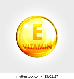 Vitamin E Gold Icon. Vitamin Drop Pill Capsule. Shining Golden Essence Droplet. Beauty Treatment Nutrition Skin Care Design. Vector Illustration.