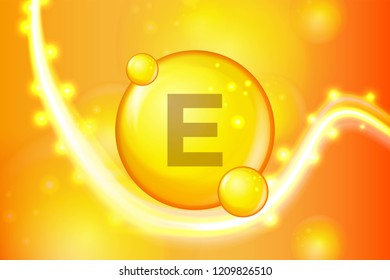 Vitamin E gold shining pill capsule icon . Vitamin complex with Chemical formula. shine gold sparkles. medical and pharmaceutical ads. Vector illustration