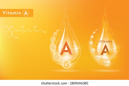 Vitamin E gold shining pill capsule. Vitamin complex with Chemical formula. Shining golden substance drop. Meds for health ads. Vector illustration.