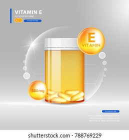 Vitamin E gold shining pill capsule. skin care complex concept.  vector design.