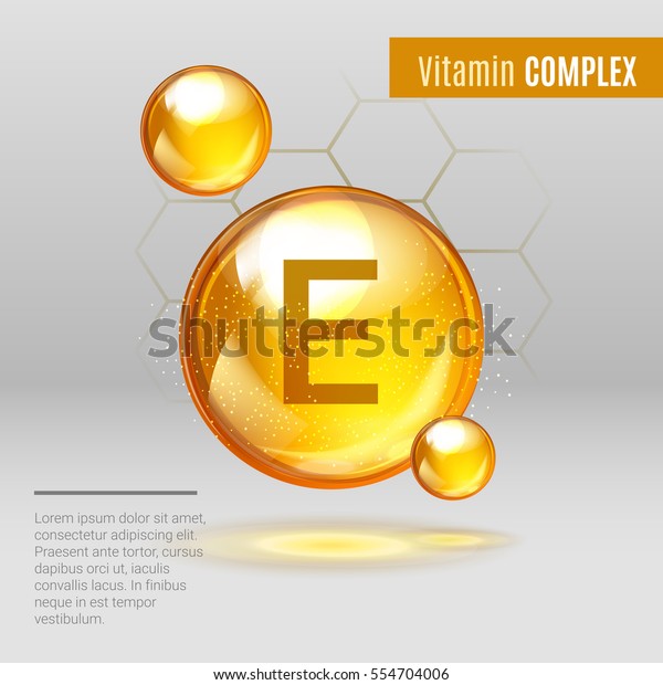 Vitamin E gold\
shining pill capcule icon . Vitamin complex with Chemical formula,\
Tocopherols, tocotrienols. Shining golden substance drop. Meds for\
heath ads. Vector\
illustration