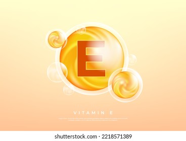 Vitamin E golden vector treatment. Vitamin drop pill capsule. Shining golden essence droplet. Beauty treatment nutrition skin care design. vector