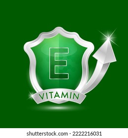 Vitamin E in green glass shield transparent. Protection body stay healthy. For nutrition products food. Shield aluminum and arrow silver label sticker icon 3d isolated realistic. Vector illustrator.