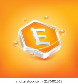 Vitamin E in Hexagon-Form und Orangenatom. Wird für Nahrungsmittel verwendet. Medizinische wissenschaftliche Konzepte. 3D-Vektorgrafik EPS10 einzeln.