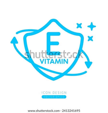 Vitamin E icon blue in shield surrounded by arrows Isolated on a white background. Medical symbol build protective and immunity concept. Design for use print media form simple line. Vector.