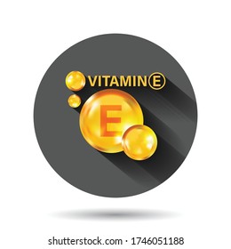 Vitamin E Icon In Flat Style. Pill Capcule Vector Illustration On Black Round Background With Long Shadow Effect. Skincare Circle Button Business Concept.