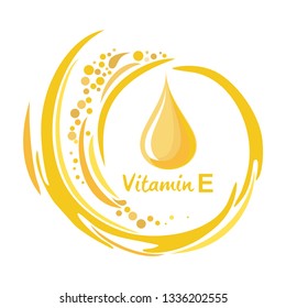 Vitamin E. Icon logo. Medical image. Vitamin E icon in bright colours. Skin care complex concept. Vitamin E for personal care and beauty concept. Bubbles. Vector illustration.