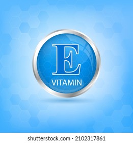 Vitamin E icon structure blue substance. 3D Vector Illustration. Personal care, beauty concept. Medicine health symbol of thiamine. Drug business concept. Vitamin complex with chemical formula. 