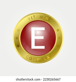  Vitamin E icon structure circle brown. gold border. Pill complex, collagen serum chemical formula. Beauty treatment nutrition skin care design, healthy. Medical, scientific. 3D Vector EPS10.