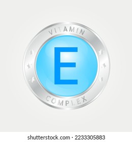  Vitamin E Icon structure circle blue. silver border. 3D vector EPS10. Pill complex, collagen serum chemical formula. Beauty treatment nutrition skin care design, healthy. Medical, scientific. 