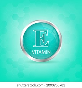 Vitamin E icon structure light blue substance.  Personal care, beauty concept. Medicine health symbol of thiamine. Drug business concept. Vector Illustration. 3D Vitamin complex with chemical formula