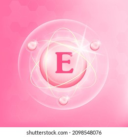 Vitamin E icon structure light pink substance. Medicine health symbol of thiamine. Drug business concept. Vector Illustration. 3D Vitamin complex with chemical formula. Personal care, beauty concept