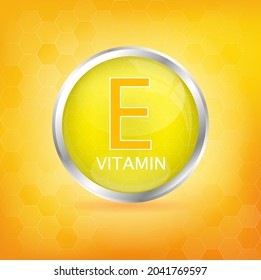 Vitamin E icon and structure. Yellow balls with vector illustration on yellow mix orange isolated background.3D Vitamin complex with chemical formula. Drug business concept.