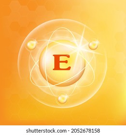Vitamin E icon structure yellow substance. Vector Illustration. 3D Vitamin complex with chemical formula. Personal care, beauty concept. Medicine health symbol of thiamine. Drug business concept. 