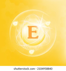 Vitamin E icon structure yellow substance. 3D Vector Illustration. Medicine health symbol of thiamine. Drug business concept. Vitamin complex with chemical formula. Personal care, beauty concept.