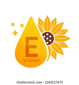 Vitamin E icon with sunflower cereal orange. Form drop serum simple line isolated on white background. Design for use in web, app and print media. Medical food supplement symbol concept. Vector EPS10