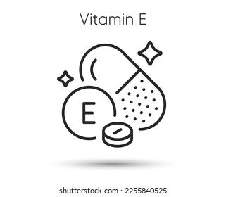 Vitamin E line icon. Fat soluble capsule sign. Multivitamin pill symbol. Illustration for web and mobile app. Line style vitamin e icon. Editable stroke nutrition antioxidant. Vector