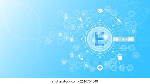 Vitamin E And Mineral Supplements Complex Pharmaceutical Capsule. Vitamins Food Sources And Functions. Health Care And Science Icon Pattern Medical Innovation. On A Blue Background. Vector EPS 10.