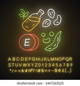 Vitamin E neon light icon. Peanuts, peas and beans. Seed oil. Healthy diet. Minerals, antioxidants. Tocopherol food source. Glowing sign with alphabet, numbers, symbols. Vector isolated illustration