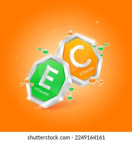 Vitamin E in octagon shape green and Vitamin C orange with chemical atom molecule orbit around. 3D Logo label nutrition silver. Used for products food and medicine design. Isolated Vector.
