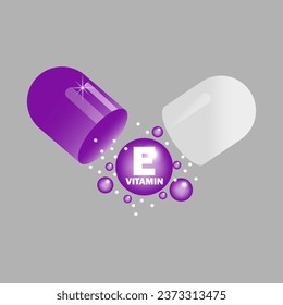 Vitamin E in open purple capsule. Health pill. Vector illustration. EPS 10.