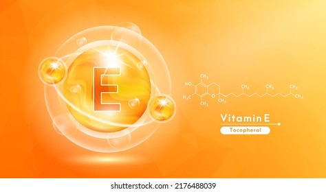 Vitamin E orange and structure. Pill vitamins complex and bubble collagen serum chemical formula. Beauty treatment nutrition skin care design. Medical and scientific concepts. 3D Vector EPS10. svg
