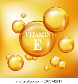Vitamin E For Personal Care And Beauty Concept. Realistic 3d Gold Bubbles Vector.