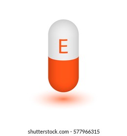 Vitamin E pill capsule icon . Vitamin complex with Chemical formula, Tocopherols, tocotrienols. Vector illustration.