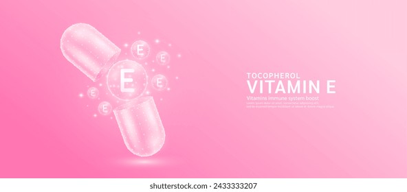 Vitamin E Pille Medikamentenkapsel offen mit rosa Blase Kugel schweben heraus in Stil Polygon. Kollagen und Mineralien Antibiotika ergänzen die wichtige medizinische Versorgung. Medizinisches und pharmazeutisches Konzept. Banner-Vektor.