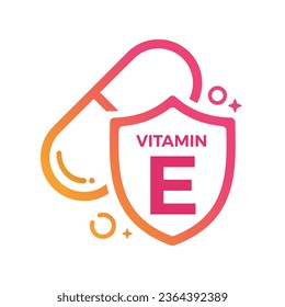 Protección con logotipo del icono del Escudo de la pastilla de vitamina E, ilustración del vector de salud de medicamentos
