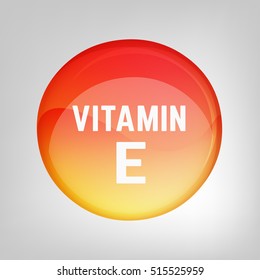 Vitamin E pill. Shining glossy circle droplet. Vector illustration in red and light orange colours. Medical and pharmaceutical image.