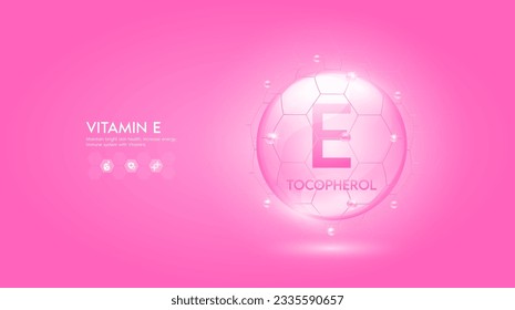 Vitamin E pink solution or Tocopherol. Innovation repair maintain bright skin care anti aging. Vitamins complex and collagen serum. For medical beauty treatment nutrition cosmetic design. Vector.