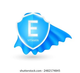 Vitamin E plus in shield knight blue cloak. Protect and build immunity healthy. Vitamins minerals essential. For ads dietary supplements medical pharmacy. Vector EPS10 illustration.