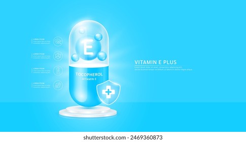 Vitamin E plus or Tocopherol in blue capsule with cross shield on podium. Antibiotic collagen and minerals essential health care. Ads dietary supplements and beauty. Medical pharmacy concept. Vector.