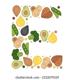Vitamin E poster. Composition of foods rich in vitamin E in the shape of the letter. Vector illustration