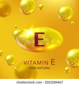 Vitamin E. Realistic 3d gold banner for personal care and beauty concept.