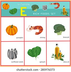 Vitamin E rich foods set, illustration, vector 