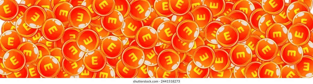 Cápsulas redondas de vitamina E dispersadas al azar.  Tratamiento de belleza y nutrición cuidado de la piel.   Formación médica y científica.  Concepto de bienestar.