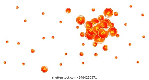 Vitamin E round capsules scattered randomly.  Beauty treatment and nutrition skin care.   Wellness concept. Essential vitamins vector illustration. 