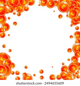 Cápsulas redondas de vitamina E dispersadas al azar.  Tratamiento de belleza y nutrición cuidado de la piel.   Formación médica y científica.  Concepto de vida saludable.