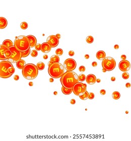 Vitamin E round capsules scattered randomly.  Beauty treatment and nutrition skin care.   Healthy life concept. Essential vitamins vector illustration. 