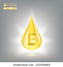 Vitamin E serum and collagen hyaluronic acid. Water drop vitamins complex gold with molecule oxygen bubbles surround skincare solutions. Beauty medical concepts. Isolated 3D Realistic Vector.