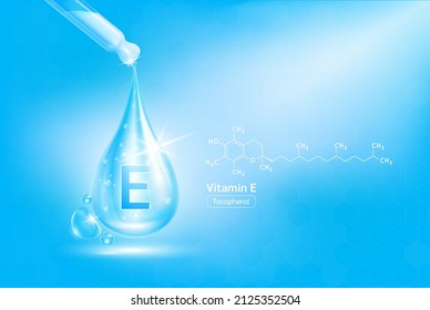 Vitamin E serum liquid gel in dropper and structure. Cream collagen complex with chemical formula from nature skin care vitamins. On blue background 3D realistic vector. Medical scientific concept.