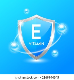 Escudo de vitamina E con átomo azul. Proteger el cuerpo para que permanezca sano. Para alimentos de productos nutritivos. Conceptos científicos médicos. Ilustración vectorial.