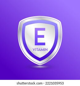 Vitamin E shield purple. Protect the body stay healthy. For nutrition products food. Metal aluminum label 3d isolated realistic on solid background. Medical scientific concepts. Vector illustration.