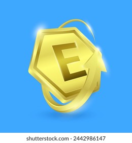 Vitamin E in shine gold hexagon shape surrounded by arrows. Used for design dietary supplement products. Vitamins label symbol 3D on blue background. Isolated vector EPS10 illustration.