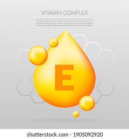 Vitamin E shining pill capcule icon. Shining golden substance drop. Meds ads. Beauty treatment nutrition skin care design. Vector illustration